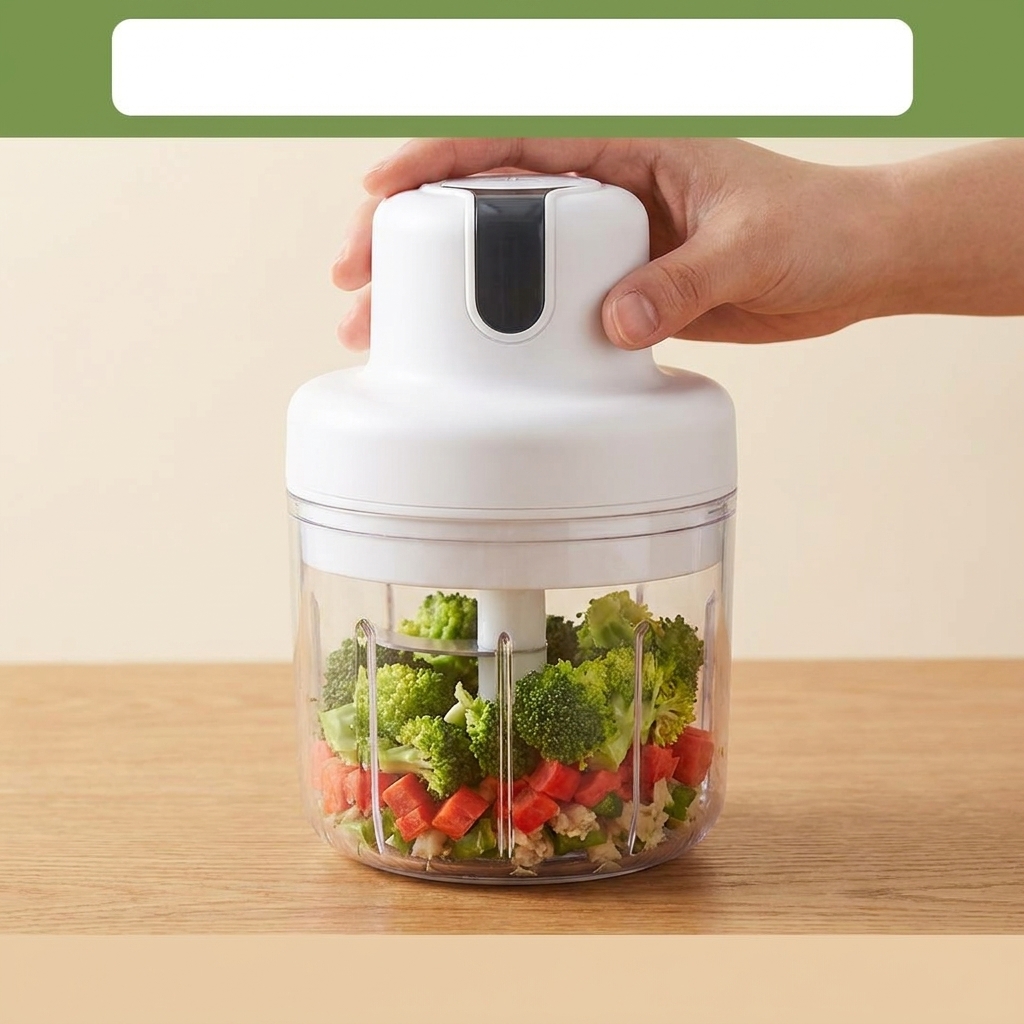 みじん切りにした野菜と肉が入ったフードプロセッサーに、デンプンと卵白が注がれている様子。