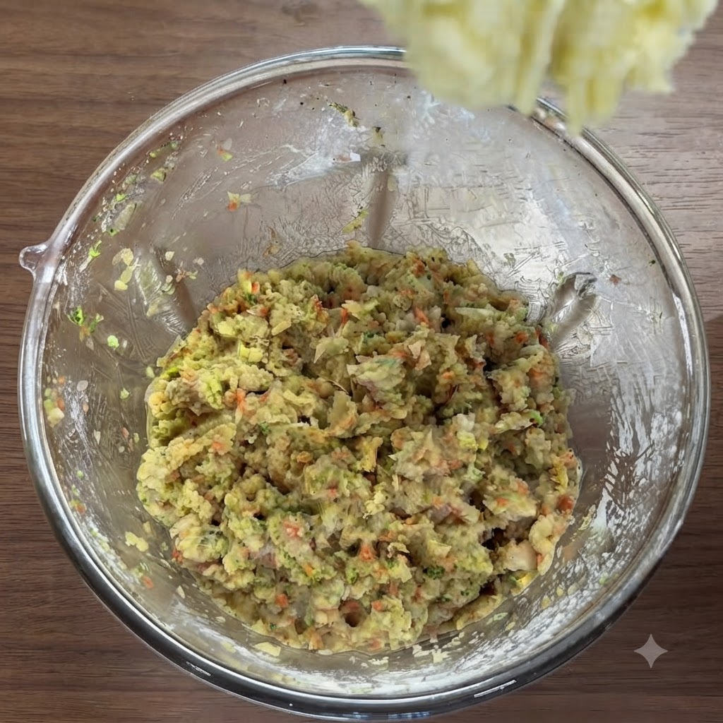 鶏肉と野菜の混合物が入ったボウルにマッシュポテトが加えられ、フォークでかき混ぜられている様子。