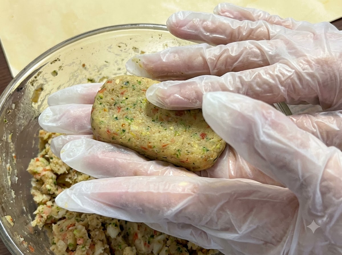 手袋をした手が鶏肉とじゃがいもの生地から長方形のパティを成形しているところ。
