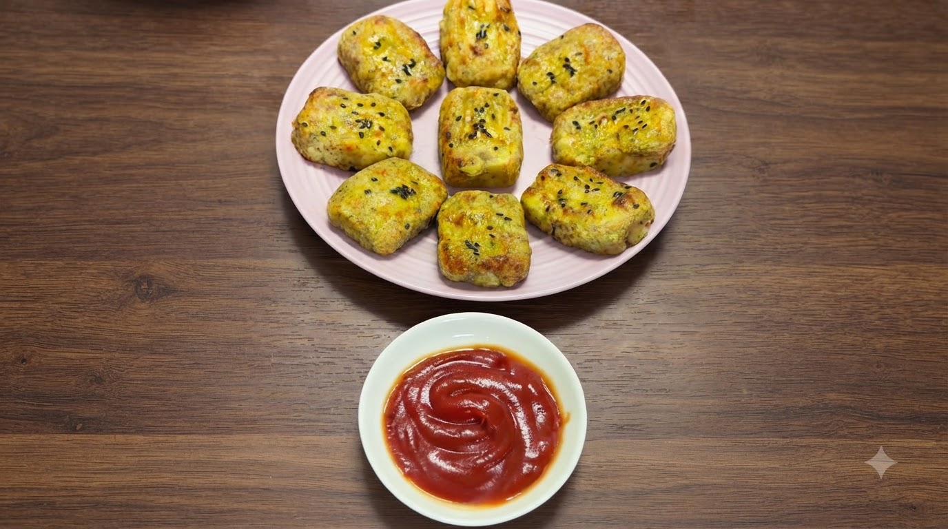 ケチャップを添えたきつね色のオイルフリー鶏肉じゃがいもパティのお皿