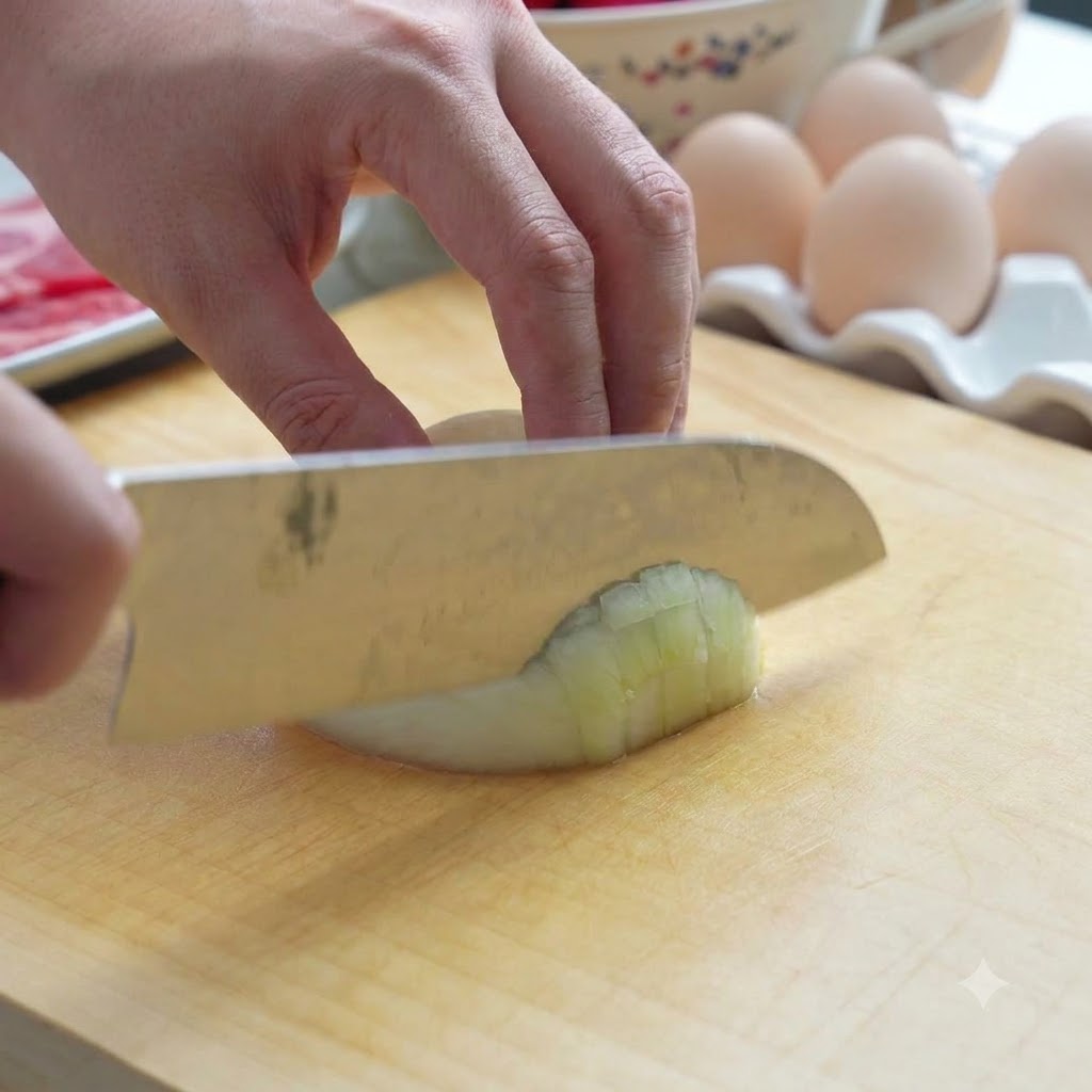 木のまな板の上で、よく切れる包丁を使って玉ねぎを丁寧に細かいみじん切りにしている様子。