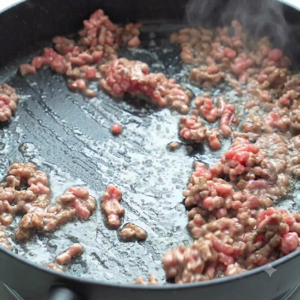 フライパンで炒めたひき肉に、みじん切りにした玉ねぎとトマトを加えている様子。