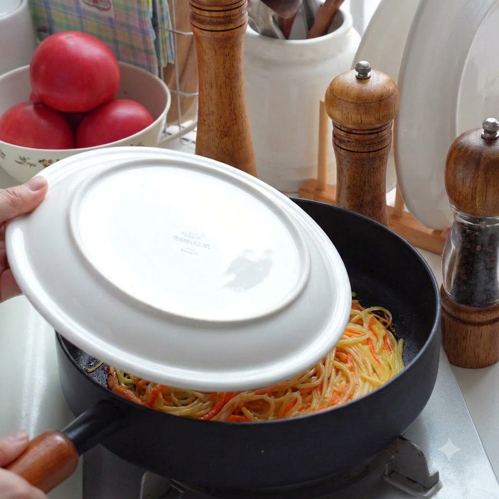 黒いフライパンの中で、白いお皿を使ってポテトパンケーキを裏返している様子。