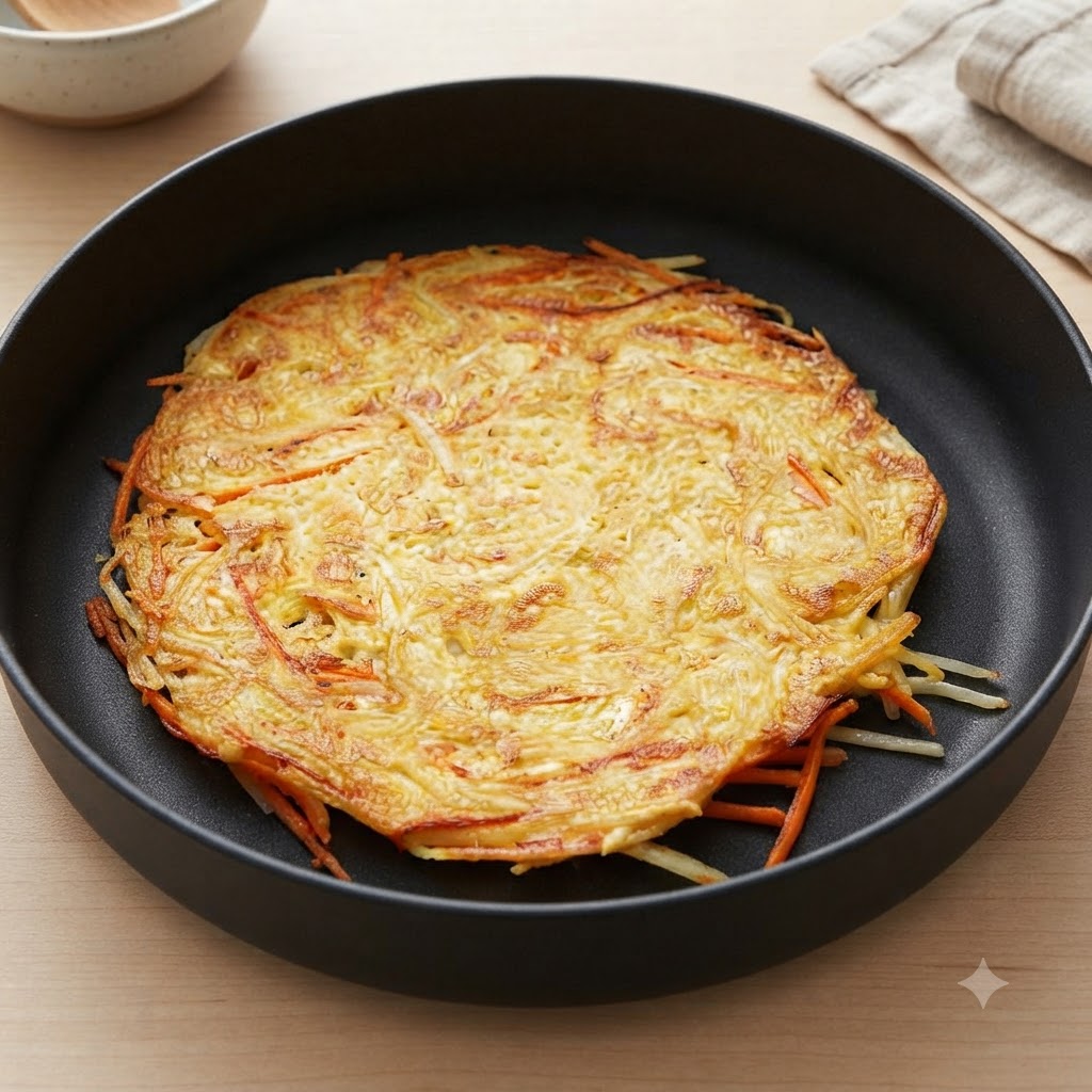 黒いフライパンの中でこんがりと焼けたポテトパンケーキ。