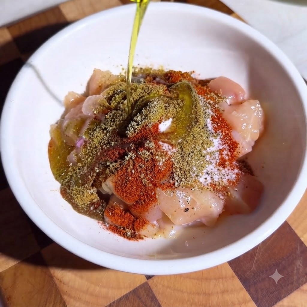 手袋をしてボウルの中で鶏肉と調味料を揉み込んでいる様子。