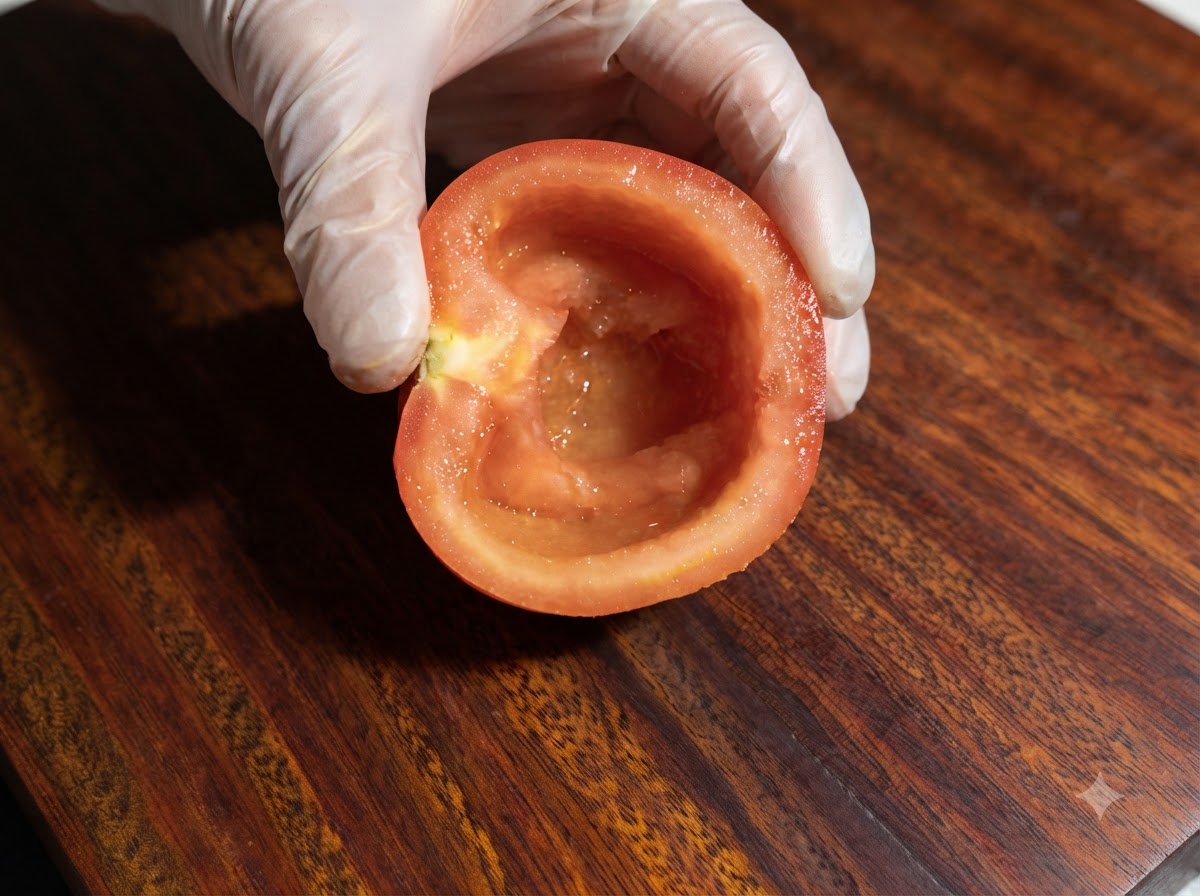 カッティングボードの上でトマトやその他の野菜を切っている様子。