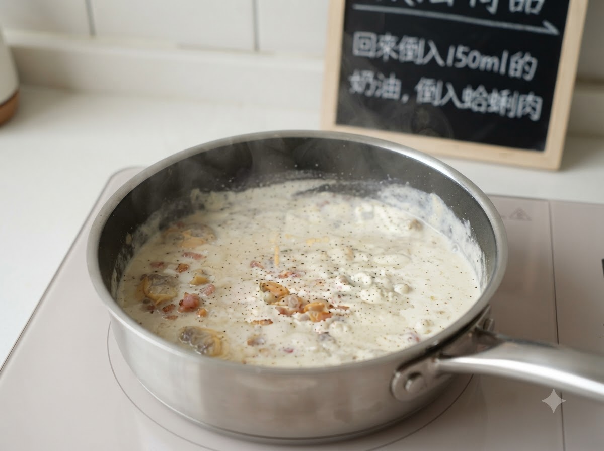 黒こしょうで味付けられ、アサリの身を加える準備ができているクリーミーなスープの混合物が入ったフライパン。