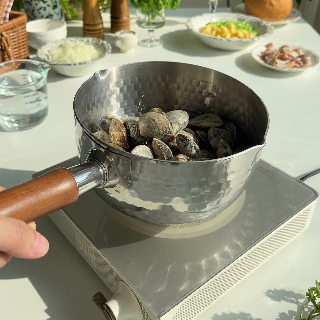 金属製の鍋に冷水と一緒に入れられ、茹でる準備ができている生のアサリ。