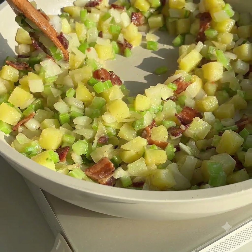 明るい色のフライパンの中で、木べらが野菜、ベーコン、小麦粉の混合物を混ぜ合わせている様子。