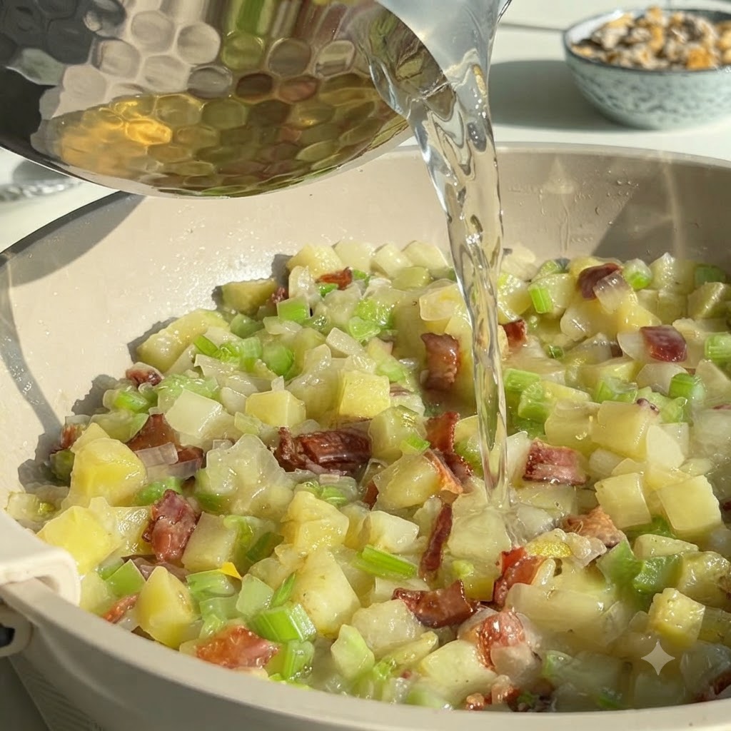 質感のある金属製のポットから、炒めた野菜とベーコンが入ったフライパンへとアサリの出汁が注がれているところ。