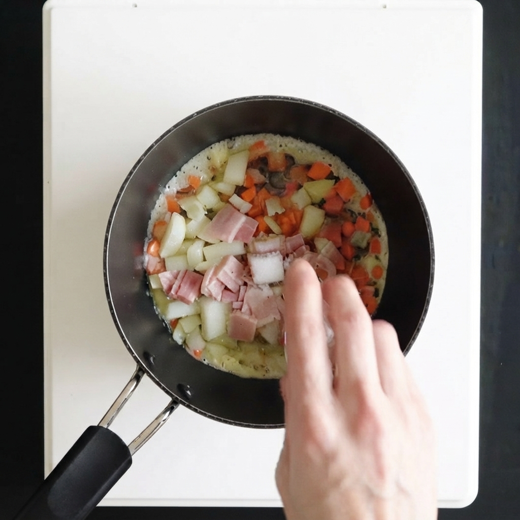 ソースパンの中で炒められているダイス状のニンジン、タマネギ、ベーコンに手が調味料を振っているところ。