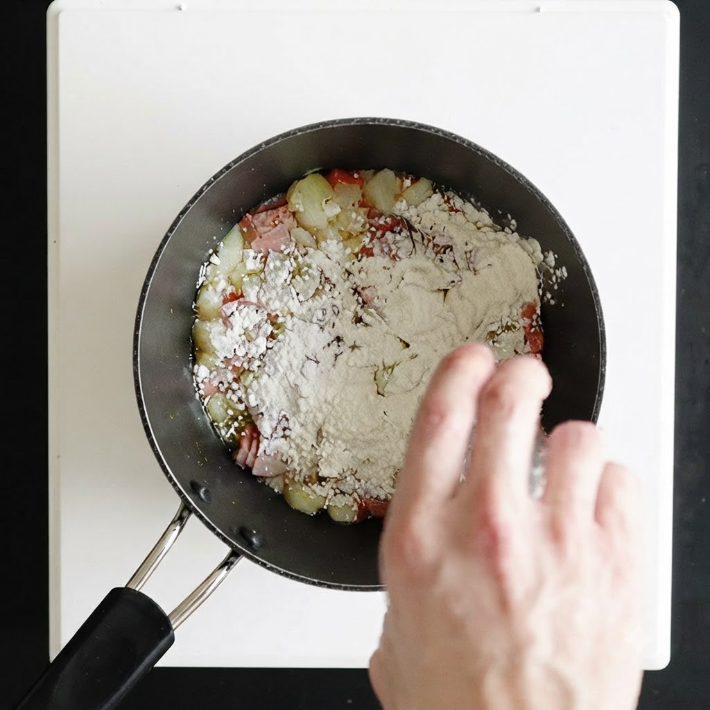 炒めた野菜とベーコンが入ったソースパンに、手で白小麦粉を混ぜ入れているところ。