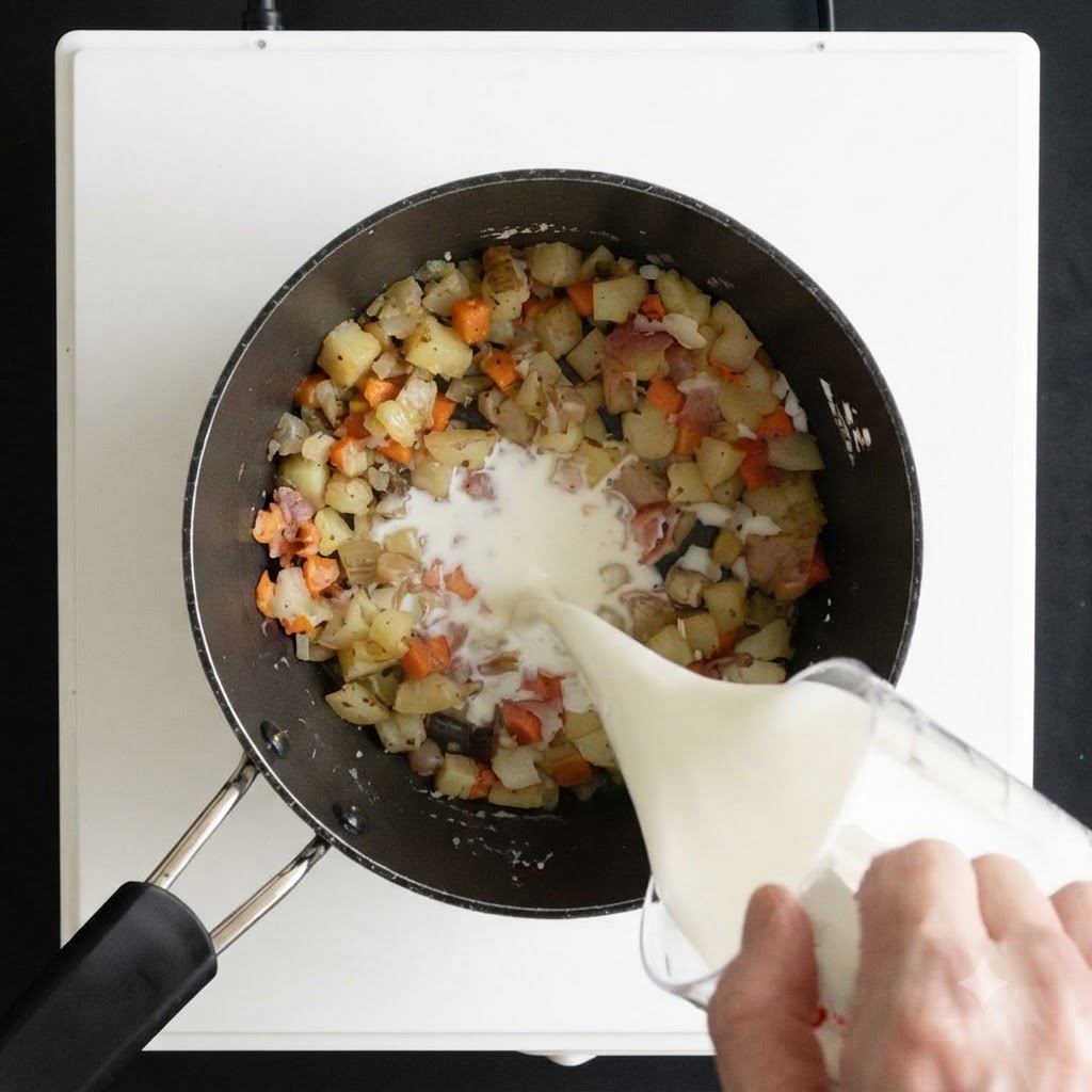 計量カップから、調理中の野菜が入ったソースパンへと牛乳が注がれているところ。