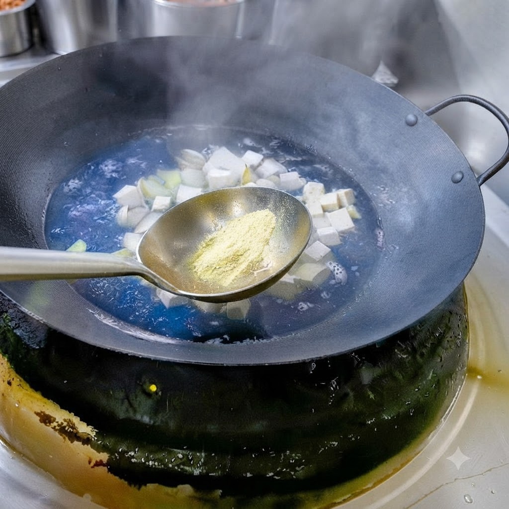 泡立つスープの鍋に、スプーン一杯の塩と白コショウパウダーが加えられている様子。