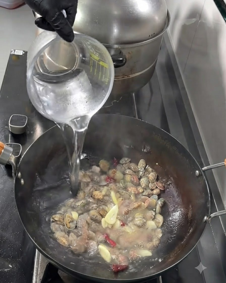 透明な計量カップから、炒めた具材の入った中華鍋へと注ぎ込まれる熱湯。