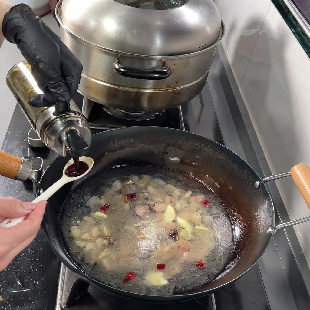 小さな白いスプーンで計量され、中華鍋の中で煮立っているスープに加えられる醤油。