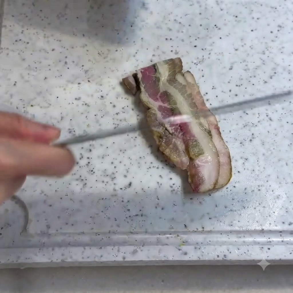白いまな板の上でベーコンをスライスしている様子。