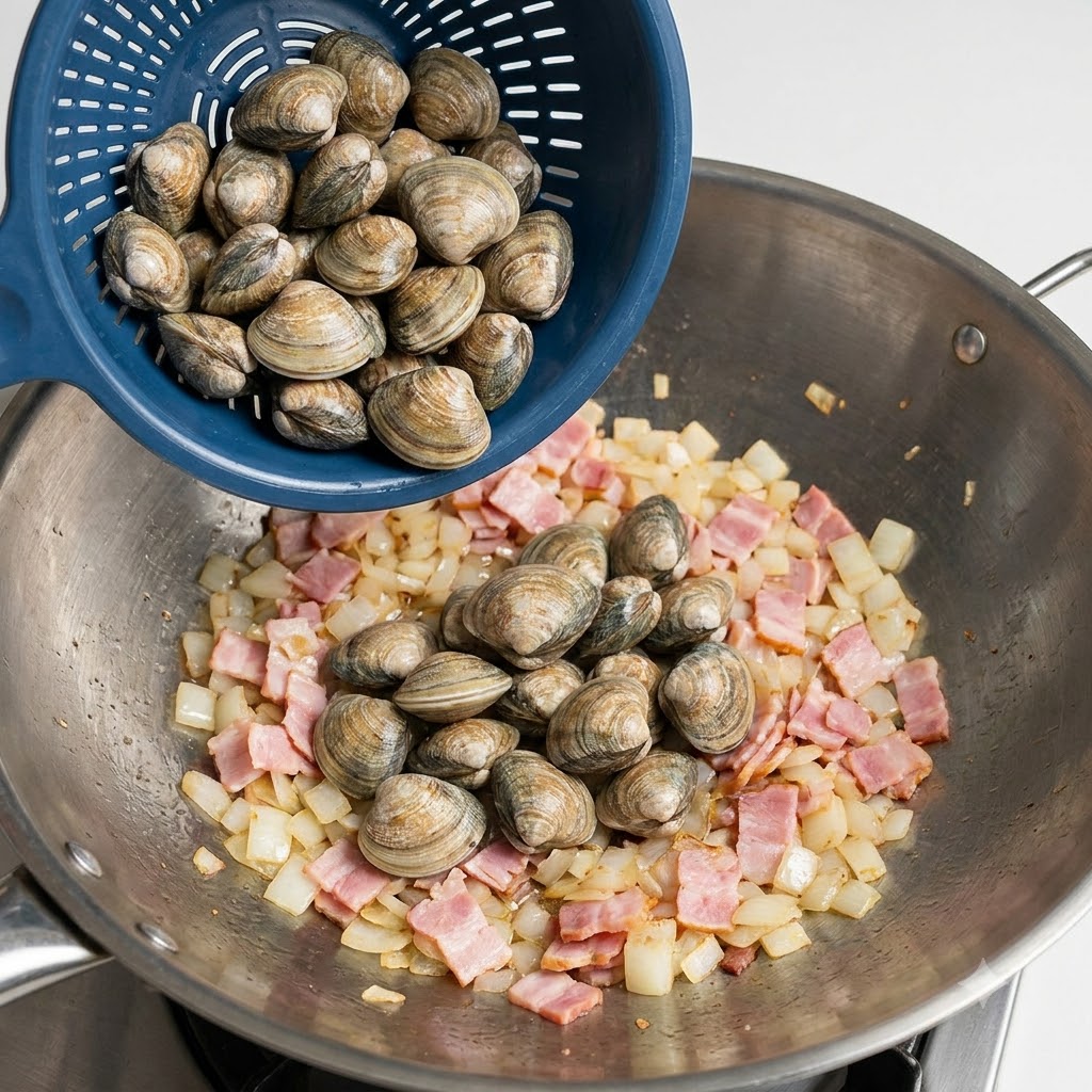 炒めたベーコンと玉ねぎが入った中華鍋に生のあさりを投入している様子。