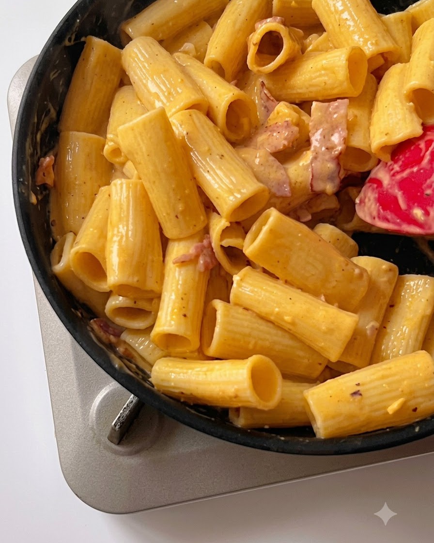 フライパンの中のパスタとソースの混合物に、調味料が振りかけられているところ。