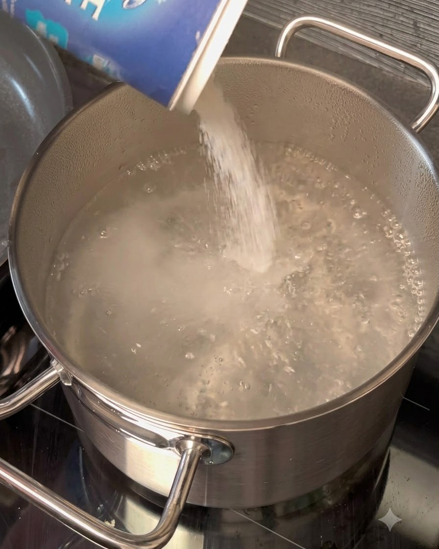 青い箱からステンレス製の沸騰したお湯の鍋に粗塩が注がれているところ。