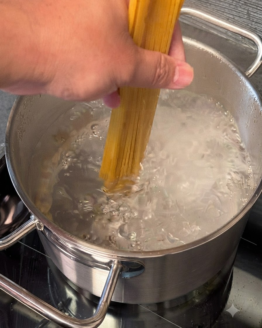 太めの7番スパゲッティの束が沸騰したお湯の鍋に入れられているところ。