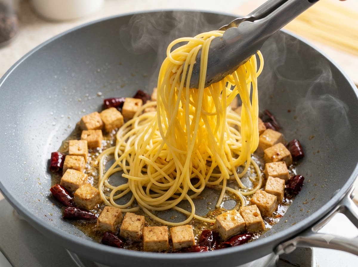 トングを使って、茹で上がったスパゲッティを豚肉の角切りが入ったフライパンに移し替えているところ。