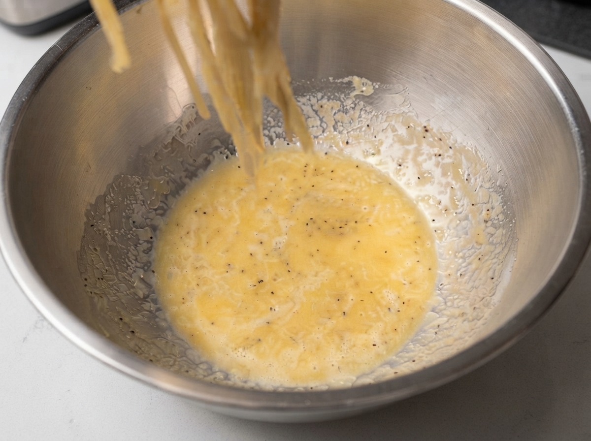 熱々のスパゲッティの麺を持ち上げ、フライパンから卵とチーズのソースを用意したボウルへ流し込んでいるところ。