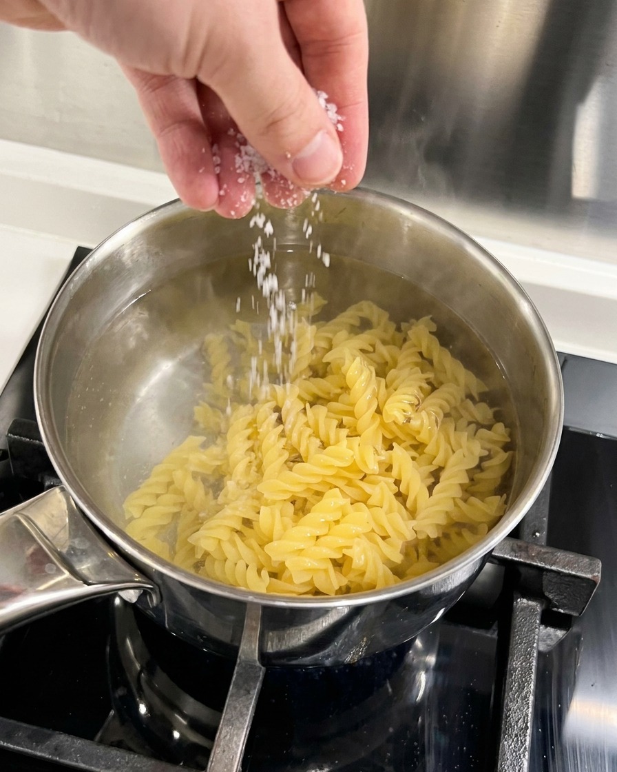 スパイラルパスタを茹でている鍋に、粗塩を振り入れている様子