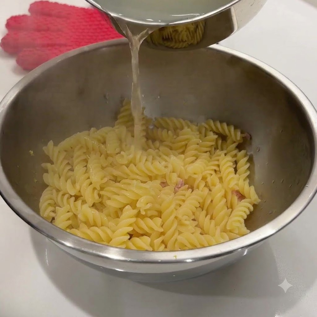 茹で上がったパスタの入ったボウルに、鍋から熱い茹で汁を注いでいる様子