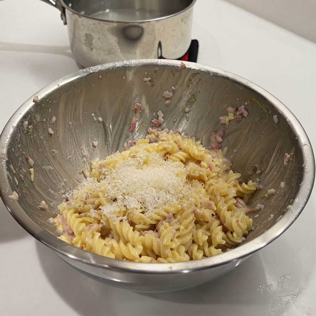 ボウルの中のパスタの上に、削りたてのパルメザンチーズが山盛りになっている様子