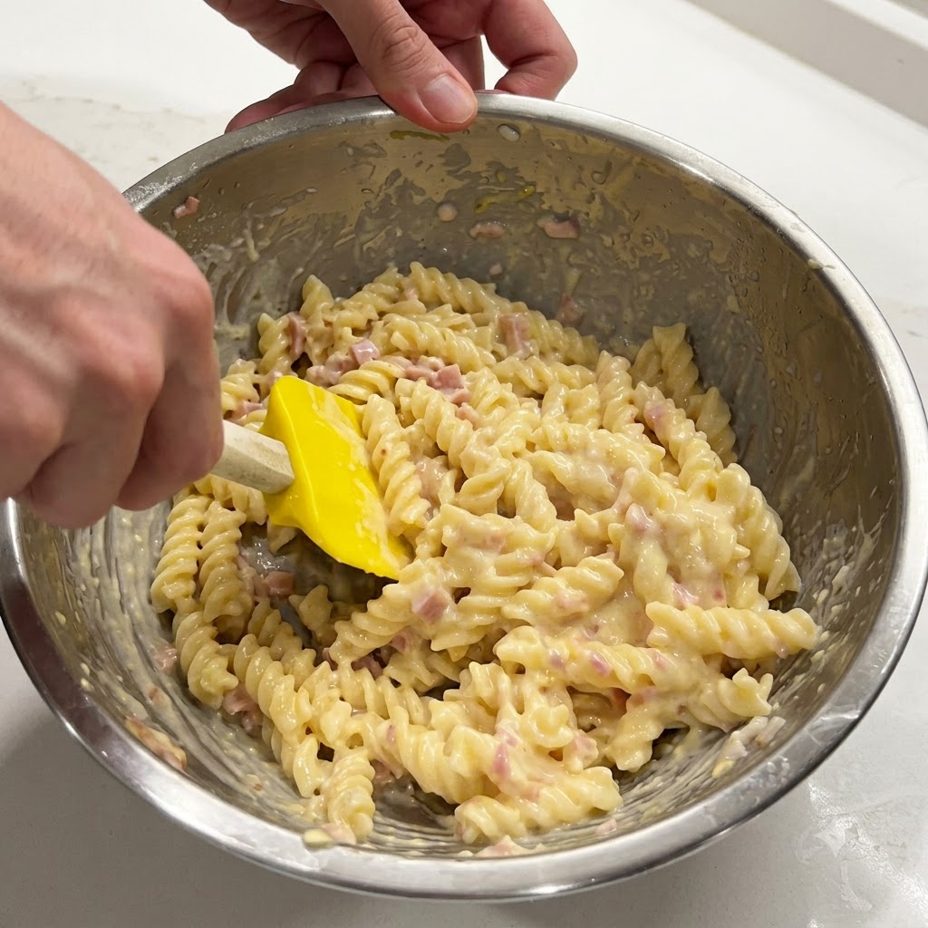 黄色のスパチュラを使ってボウルの中のパスタを混ぜ、クリーミーなソースを作っている様子