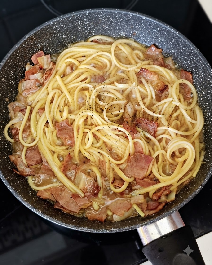 フライパンで煮込んでいるスパゲッティ、ベーコン、玉ねぎの上に、黒こしょうが挽きかけられている様子。