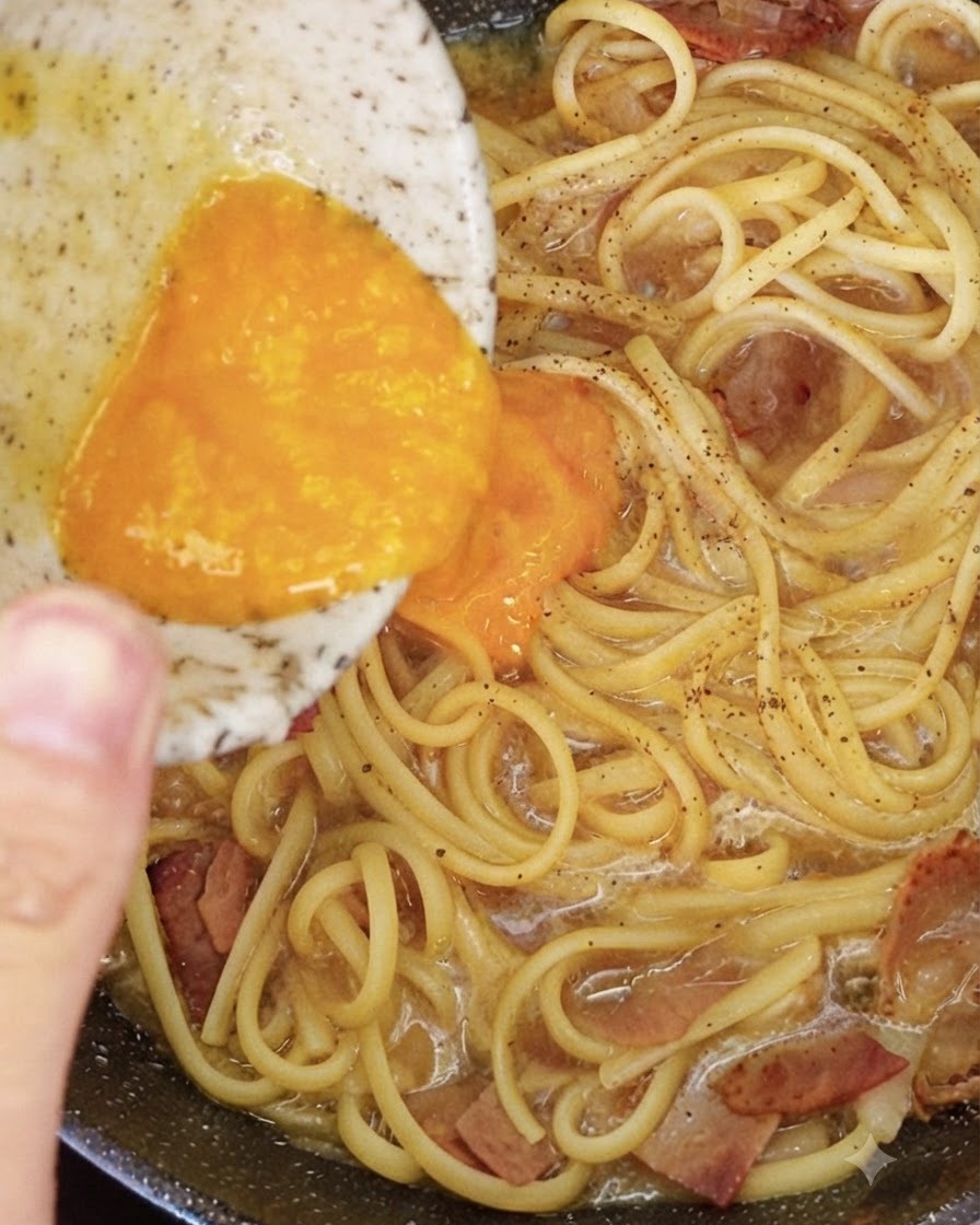 黄色のチーズと卵黄の混合液が入ったボウルから、フライパンの温かいスパゲッティとベーコンの上に液体が注がれている様子。