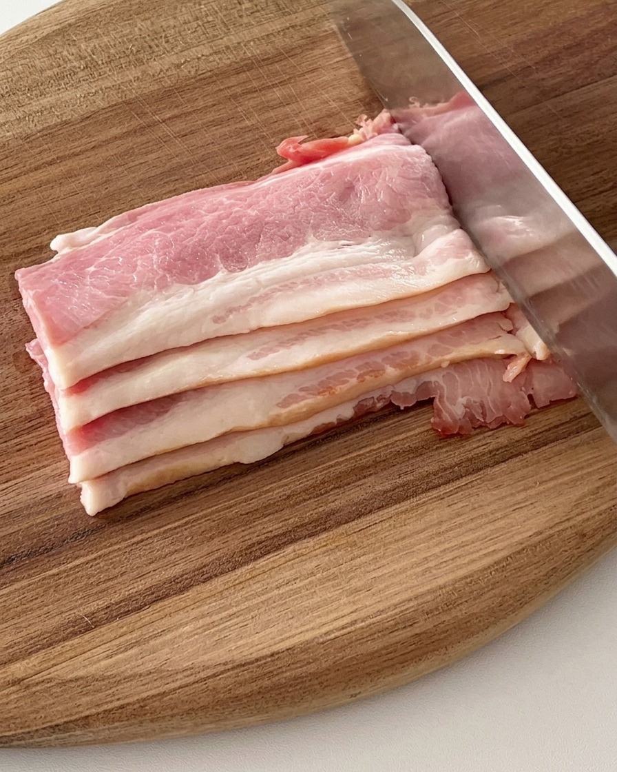木製のまな板の上で、包丁を使って一口大にスライスされているベーコン。