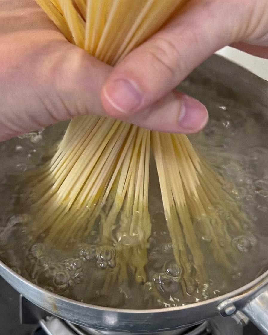 乾麺のスパゲッティを持ち、泡立つ沸騰した鍋に投入しているところ。
