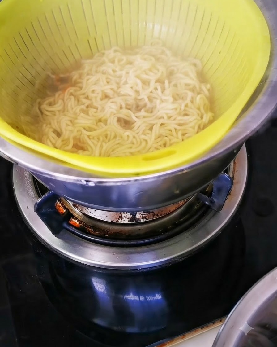 金属製のボウルの上に置かれた黄色いザルに入った茹でたてのスパゲッティ。