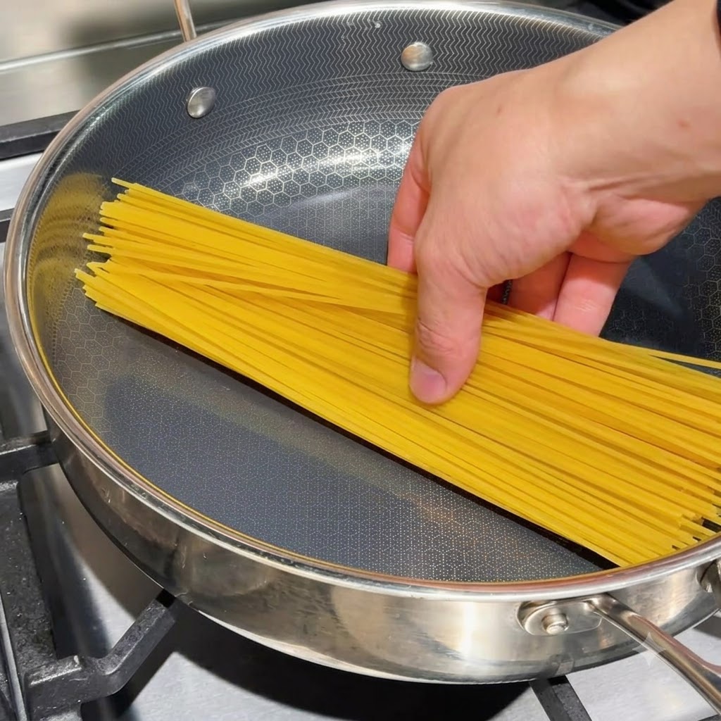 平らなフライパンに乾麺のスパゲティが並べられ、濃縮されたアサリ出汁が注がれている様子。