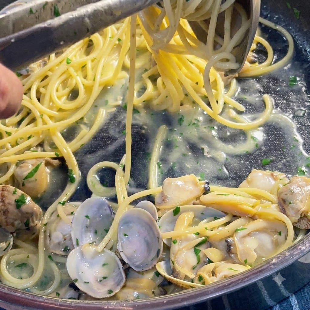 アサリやパセリが入った煮込み中のスパゲティのフライパンに、出汁をお玉で注ぎ入れている様子。