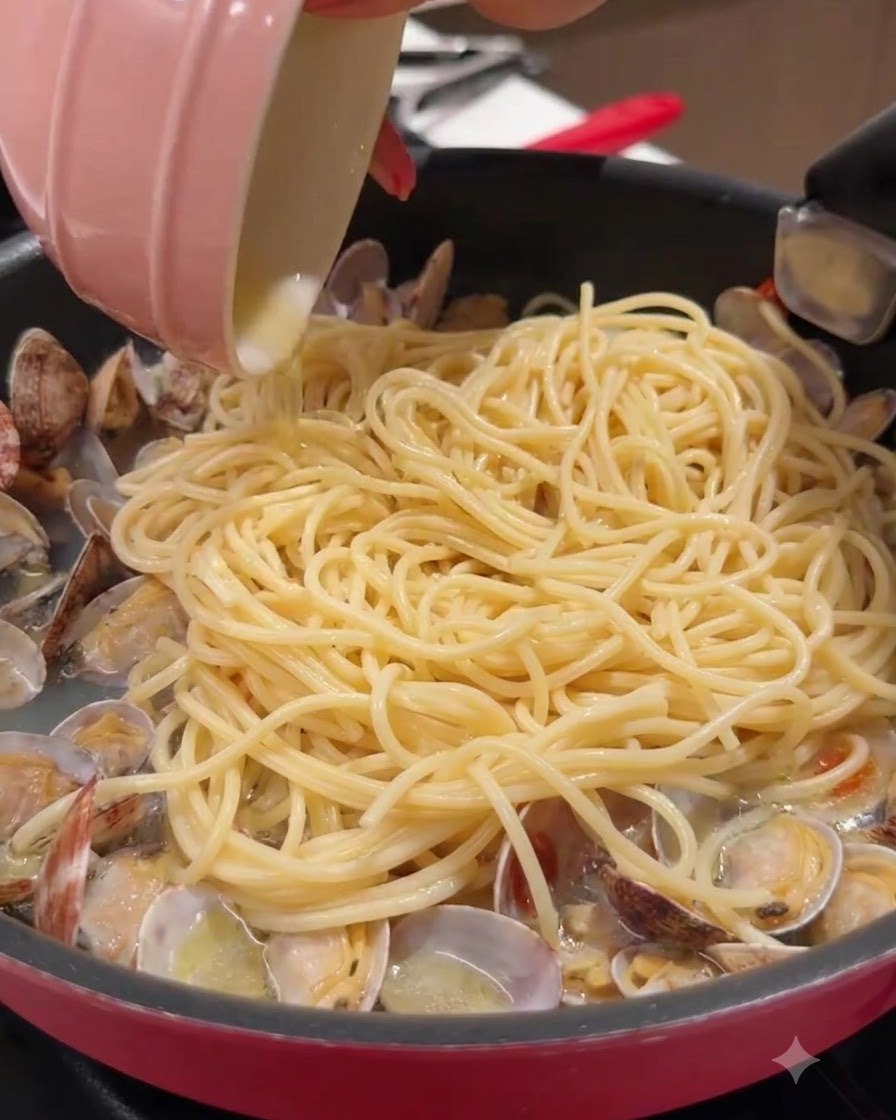 小さなピンクのボウルから、スパゲッティとあさりの入ったフライパンに液体が注がれている様子。