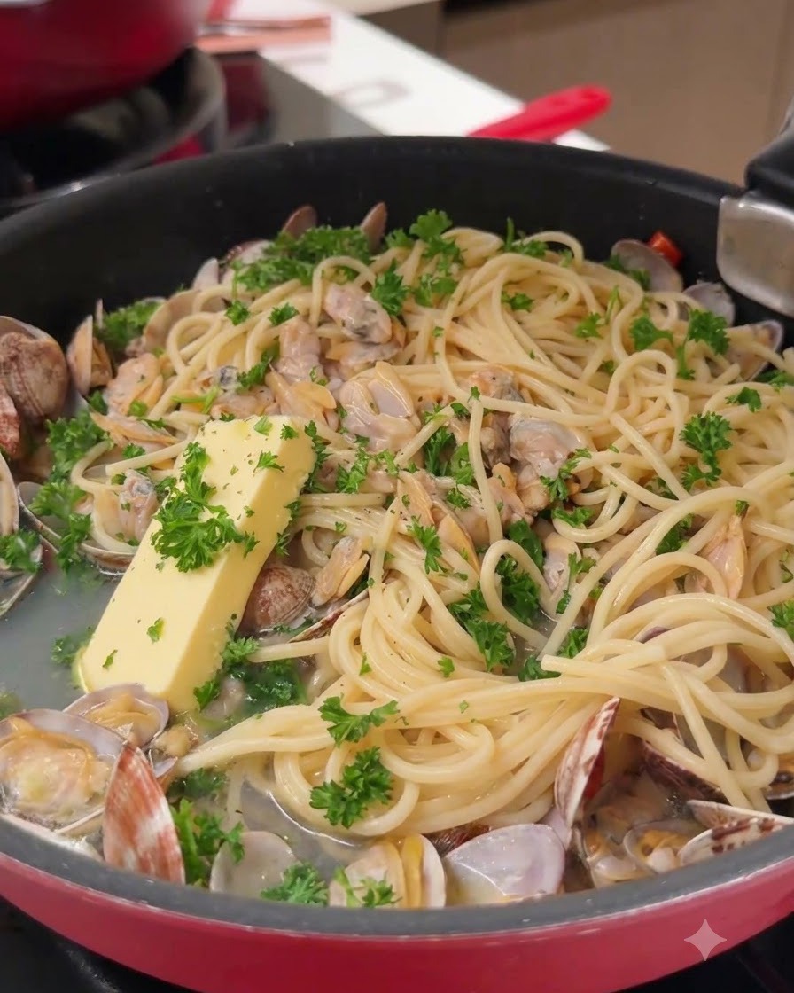 フライパンの中のスパゲッティとあさりの上に、黄色のバターの塊が乗っている様子。