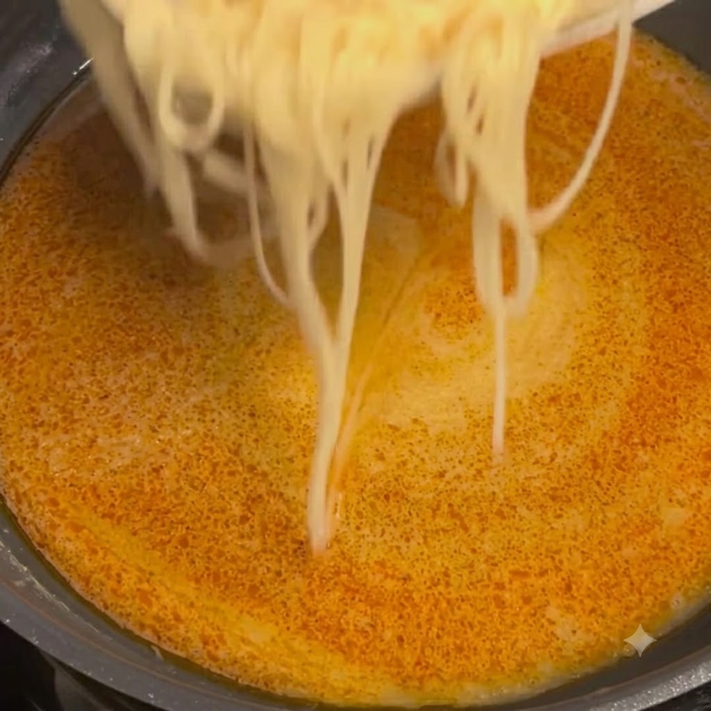 クリーミーなオレンジ色のソースが入ったフライパンに移される茹で上がったパスタ麺