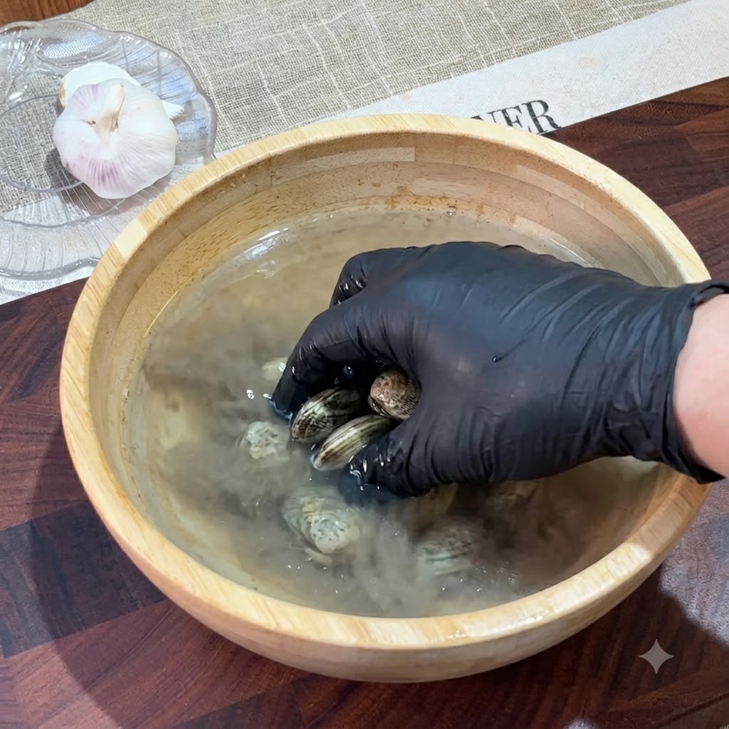 濁った塩水が入った木製のボウルの中にアサリが浸かっている様子。