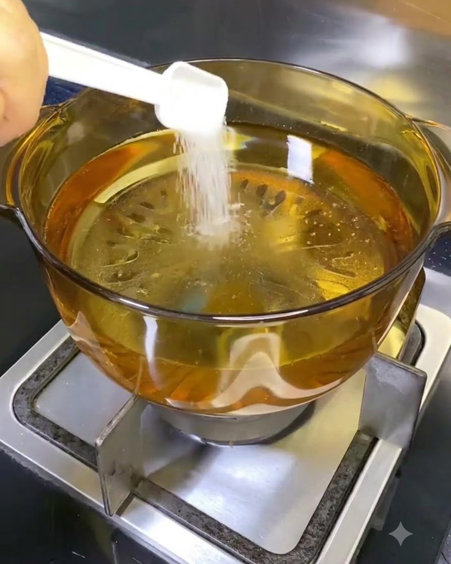 白い計量スプーンから白い塩が注がれている、水が入ったコンロ上の透明な鍋。