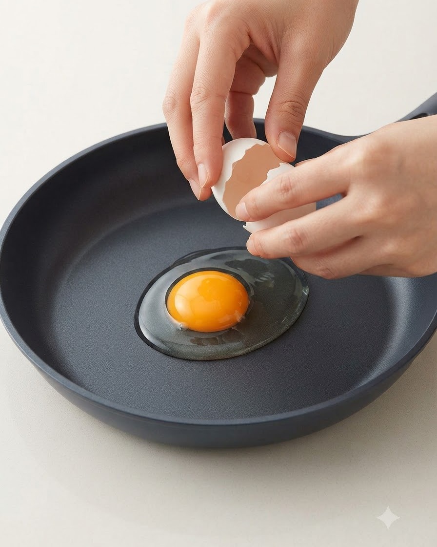 目玉焼きを作るために、黒いノンスティック加工のフライパンに卵が割り入れられている様子。