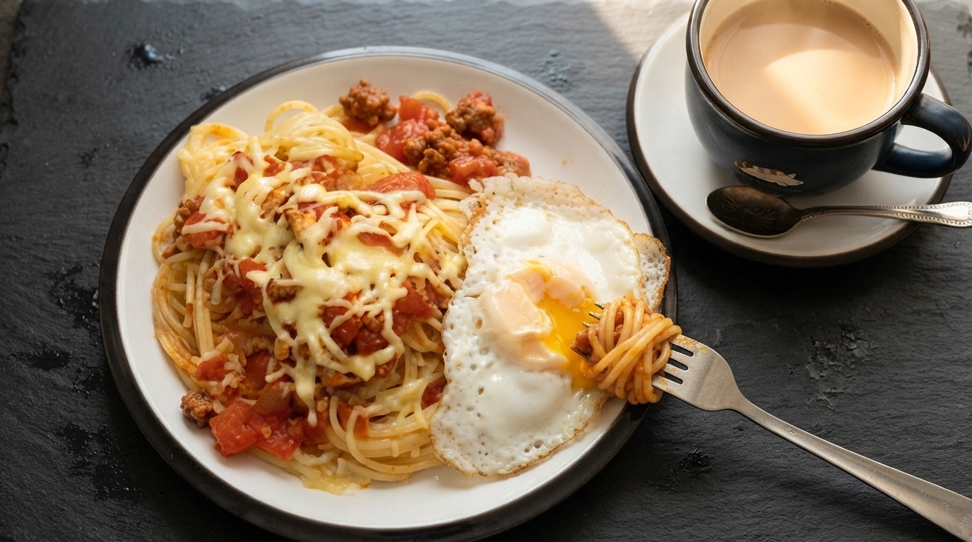 お家で作る香港式チーズ焼きパスタ 目玉焼きのせ