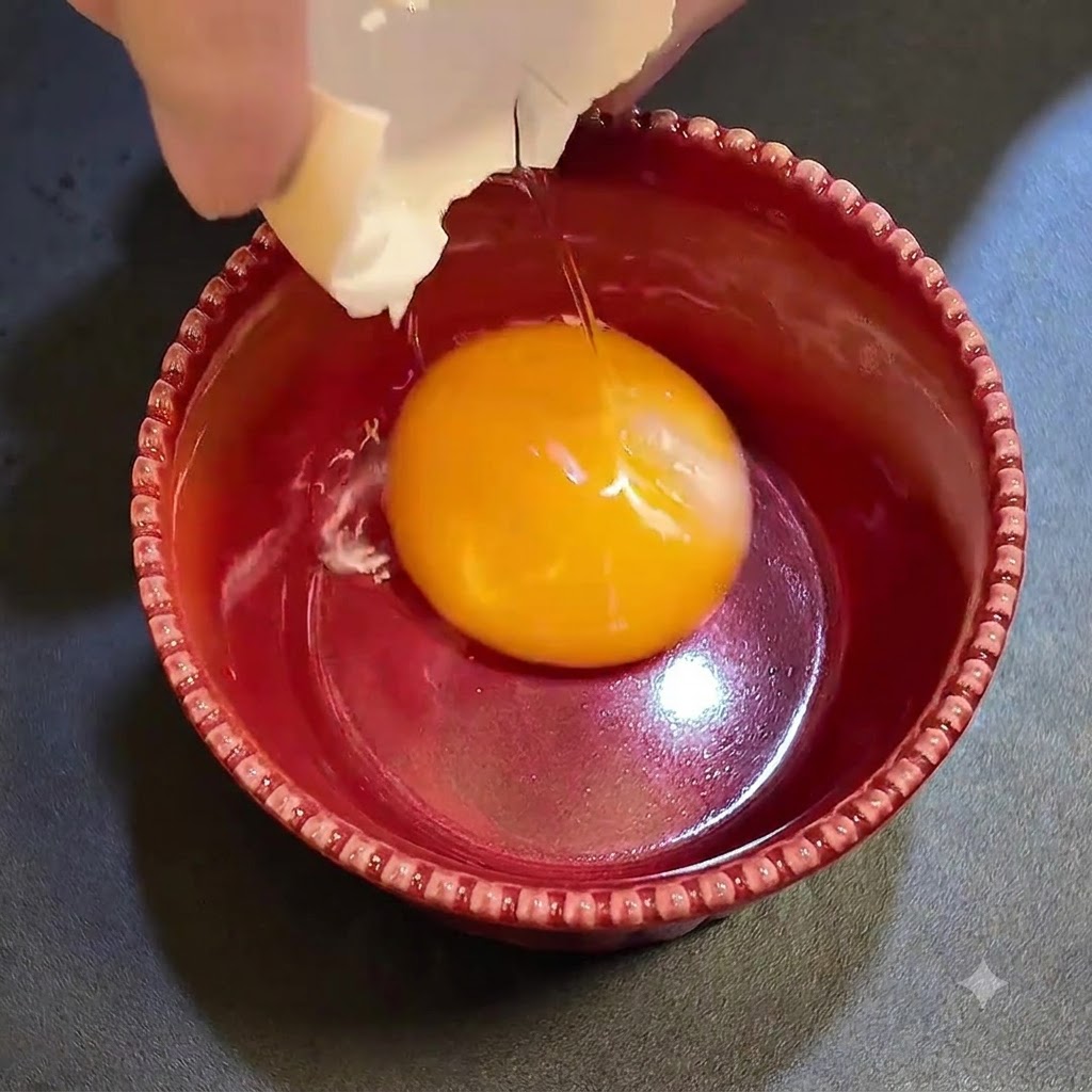 赤いボウルに入った滅菌卵黄に、パルメザンチーズと黒トリュフソースが加えられている様子。
