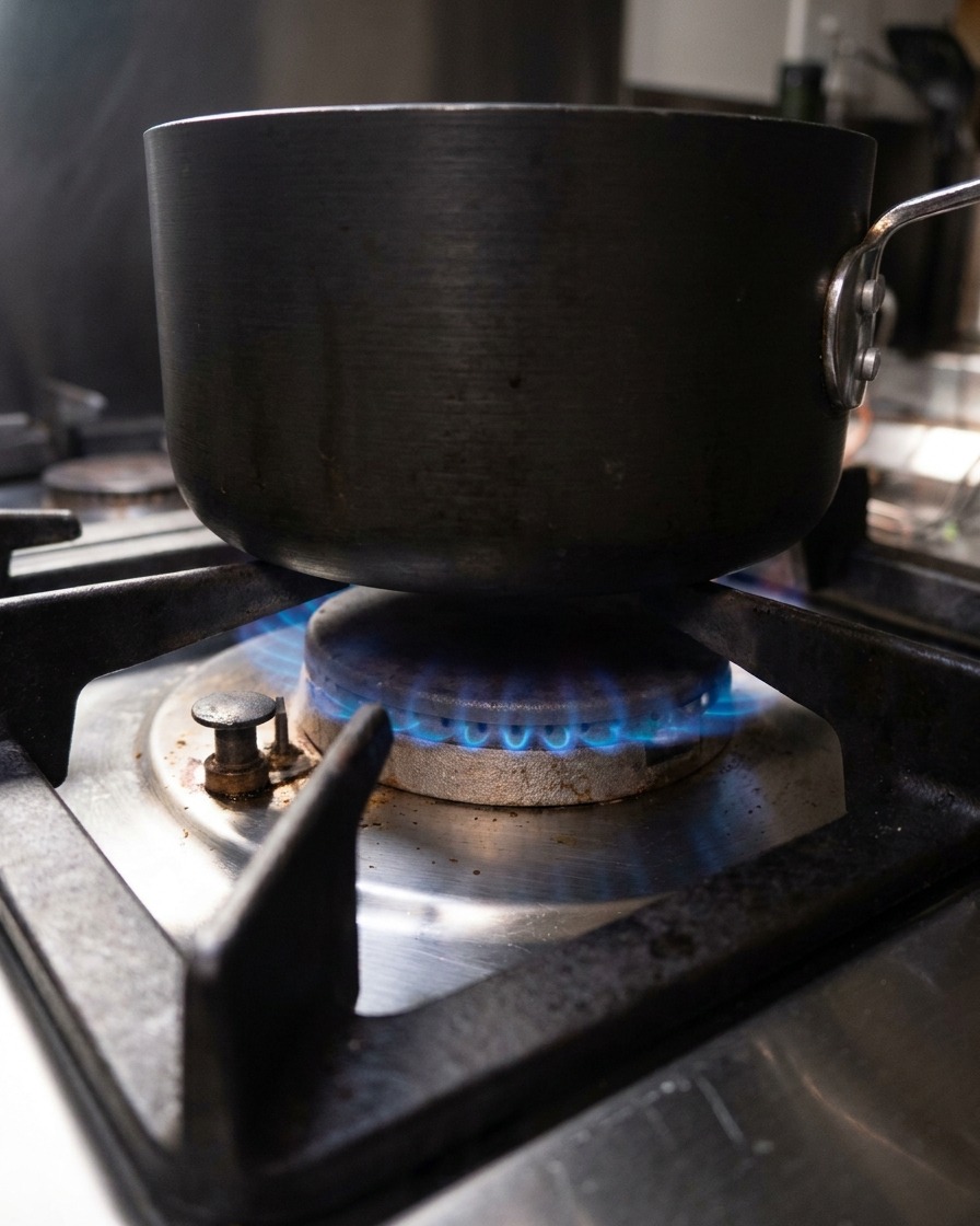 コンロの上の温まる牛乳の入った鍋に、小さな容器からこしょうとナツメグが振りかけられている様子。