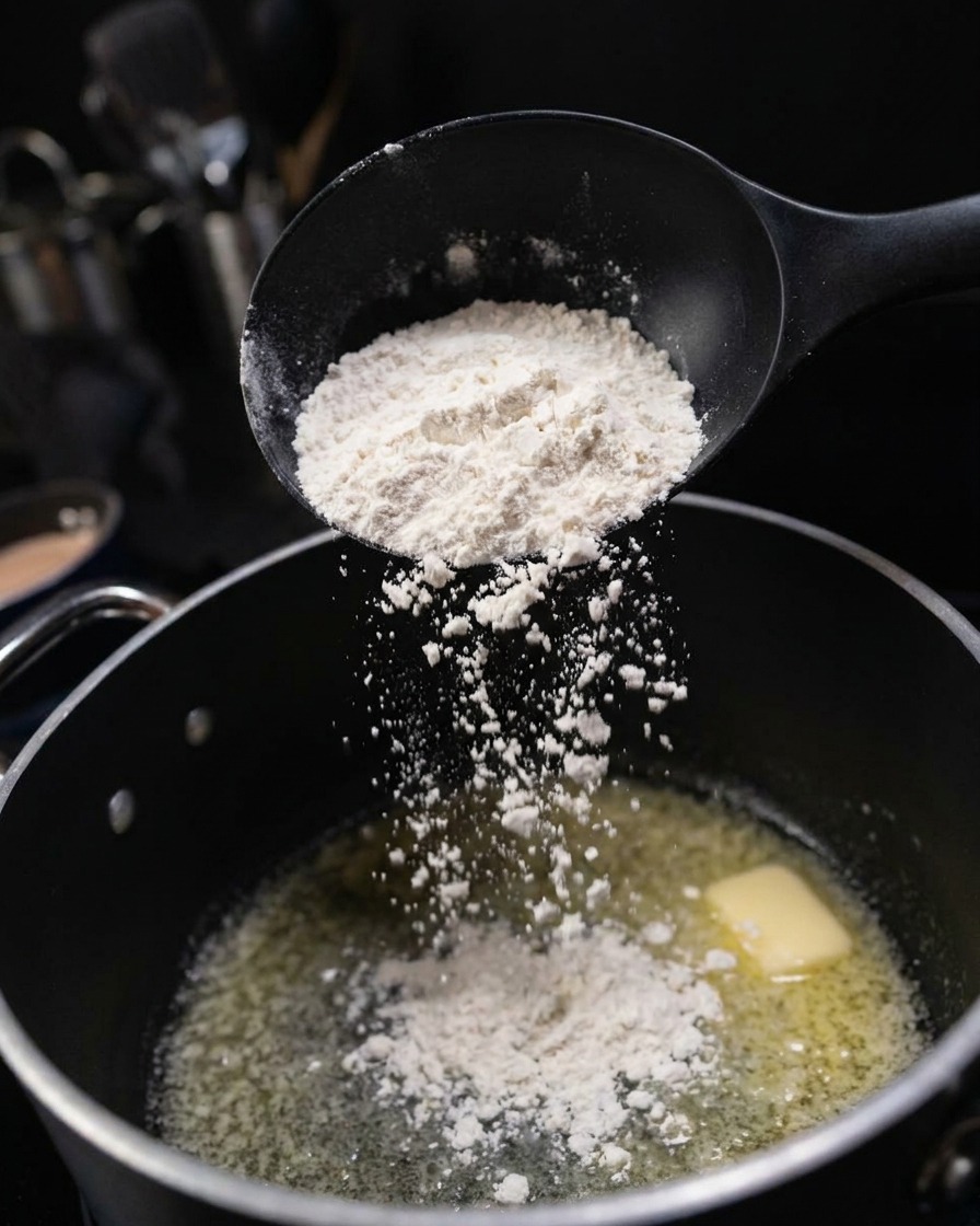 黒いスプーンから調理中のフライパンの溶けたバターに小麦粉が流れ落ちている様子。