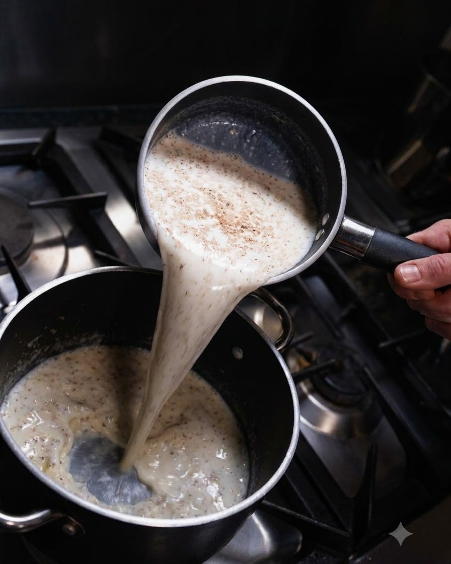 温めた牛乳をソースパンからルーの入ったフライパンに注ぎ、クリーミーな混合物に仕上げている様子。