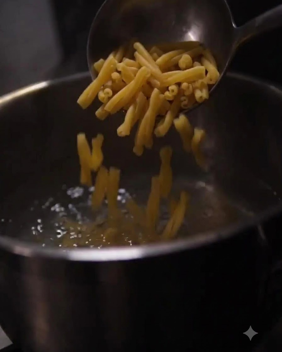 おたまから沸騰した熱いお湯の入った鍋へとマカロニパスタが滑り落ちている様子。